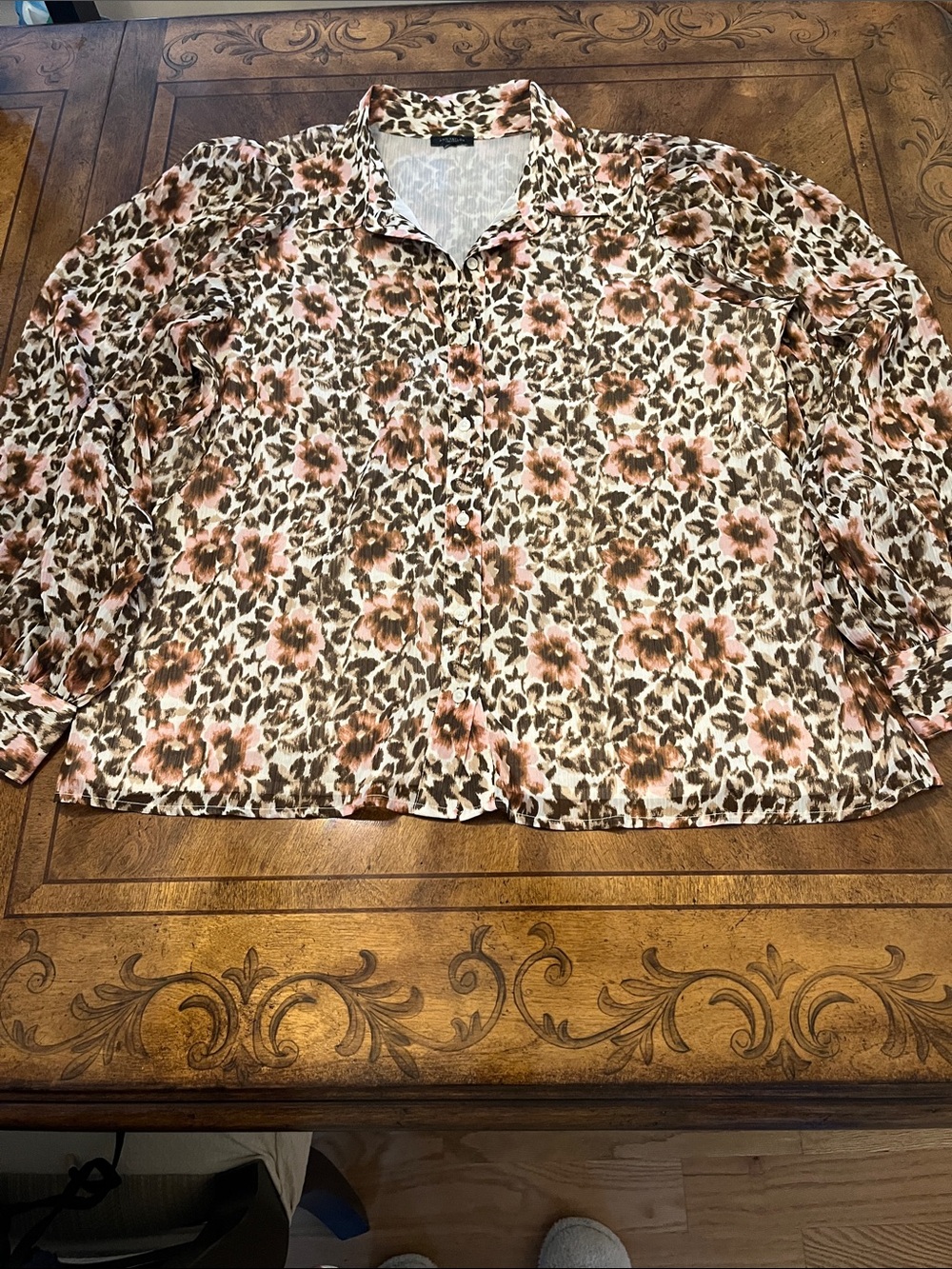 Ann Taylor Pink and Brown Floral-Leopard Button Front Blouse